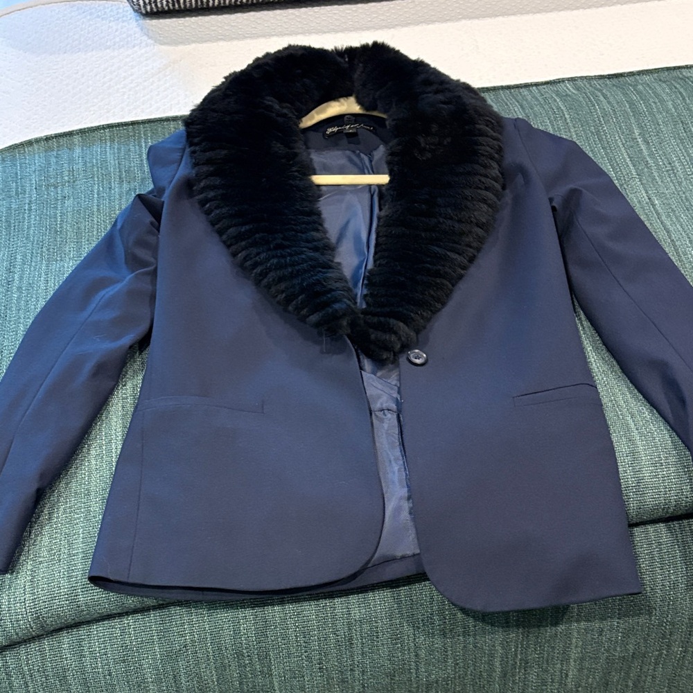 Elizabeth and James Navy Blazer with Black Fur Collar